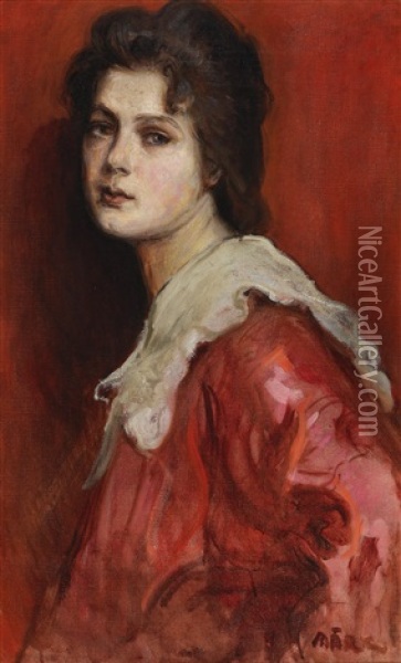 Portrait Of A Lady In Red Oil Painting - Lajos Mark