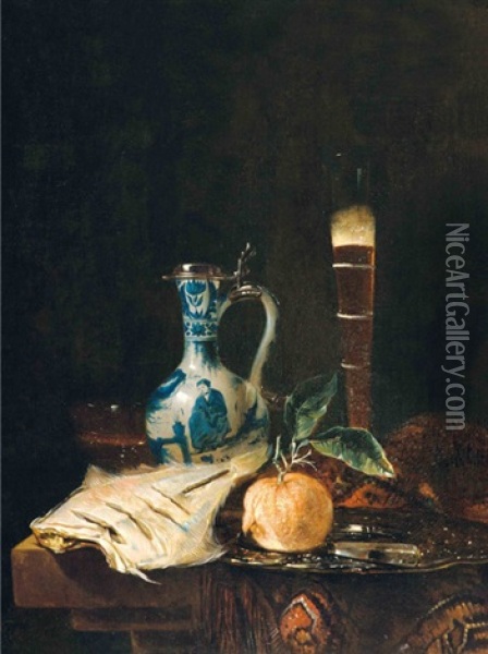 Still Life With A Delft Jar, A Flute Of Beer And An Orange Oil Painting - Juriaen van Streeck