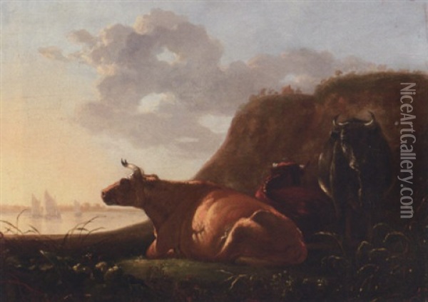 A Pastoral Landscape With Cattle Resting, A River Beyond Oil Painting - Aelbert Cuyp