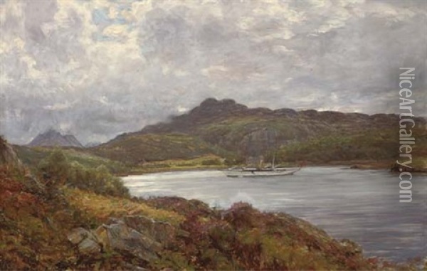 A Yacht On A Highland Loch Oil Painting - Alexander Brownlie Docharty