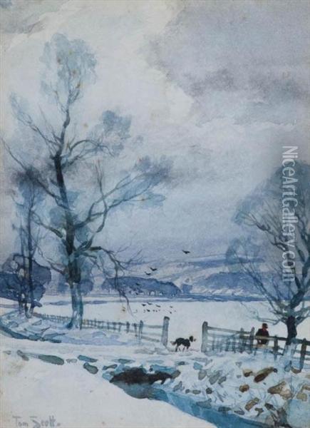 Farmer And Collie In A Winter Landscape Oil Painting - Tom Scott