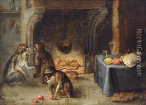Tre Scimmie Davanti A Un Camino Durante La Preparazione Di Un Pasto Oil Painting - Abraham Teniers