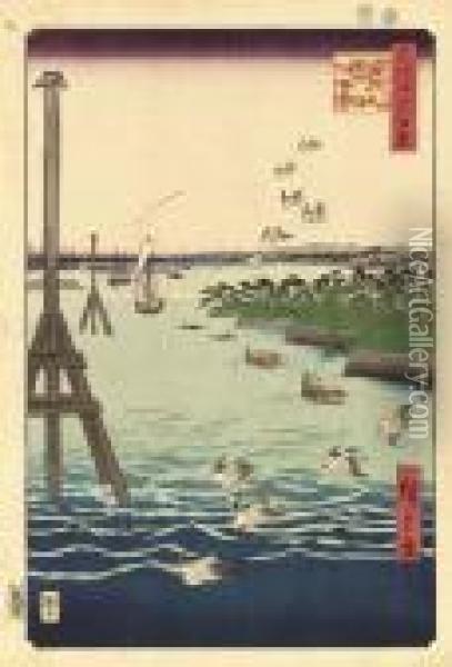 Shibaura No Fukei (view Of Shiba Coast) Oil Painting - Utagawa or Ando Hiroshige