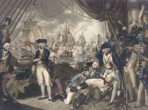 The celebrated victory obtained by the British fleet under the command of Earl Howe over the French fleet on the Glorious First of June, 1794, by D. O Oil Painting - Mather Brown