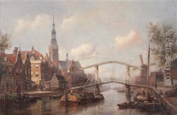 View Of The Magere Brug, Amsterdam Oil Painting - Cornelis Christiaan Dommelshuizen