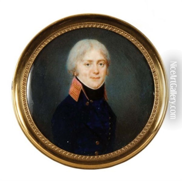 Portrait D'homme En Redingote Bleue A Haut-col Rouge Rebrode D'or Oil Painting - Jean Baptiste Soyer