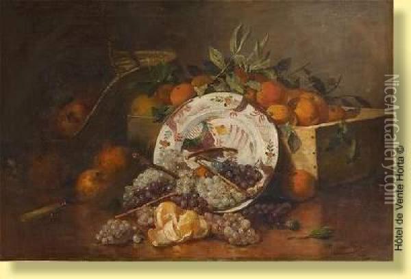 Composition Au Plat De Delft Et Fruits Oil Painting - Eugene Henri Cauchois