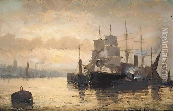 Shipping on harbour Oil Painting - William A. Thornley or Thornbery