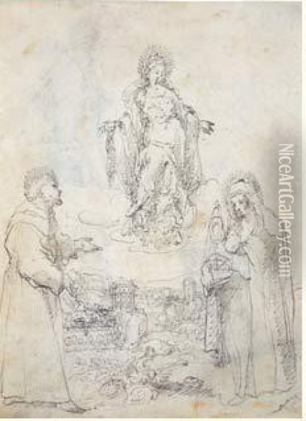 La Vierge En Gloire Adoree Par Deux Saints Oil Painting - Pietro Novelli Il Monrealese