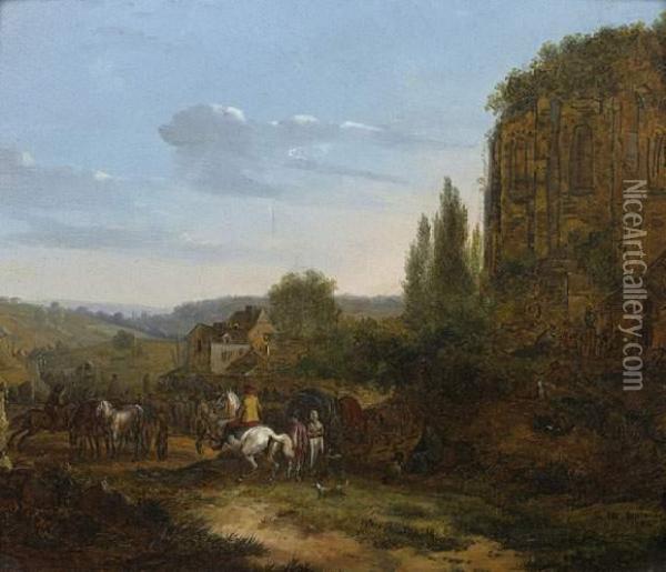 Bergers Pres De La Cascade. Oil Painting - Pierre-Joseph Petit