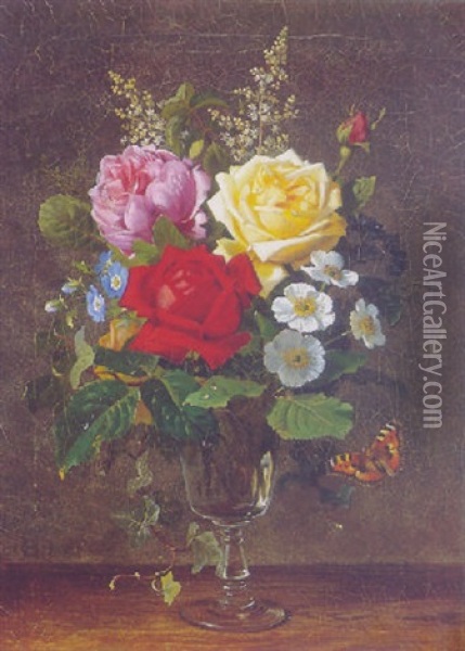 Opstilling Med Blomster I En Glaspokal Oil Painting - Olaf August Hermansen
