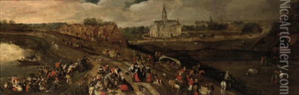 A Kermesse In A Village Near A River, A Church Beyond Oil Painting - Pieter Balten