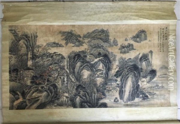 Chinese Landscape Scroll Painting, 2 Red Seals Oil Painting -  Wu Shixian