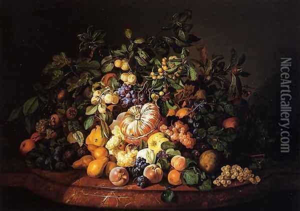 A Still Life of Fruit on a Marble Ledge Oil Painting - Leopold Zinnogger