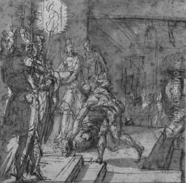 The Beheading Of Saint John The Baptist Oil Painting - Perino del Vaga (Pietro Bonaccors)