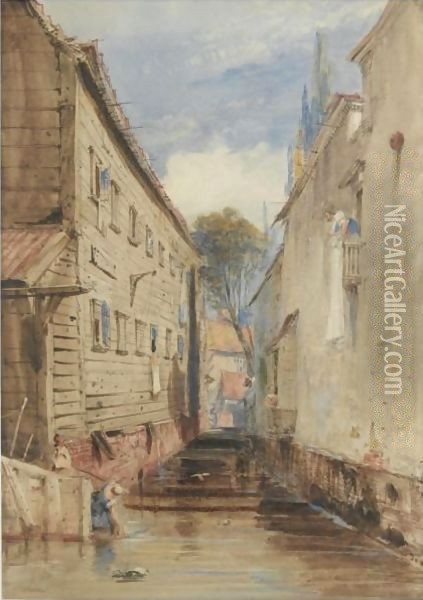 A Canal Between Old Buildings At Rotterdam Oil Painting - James Holland