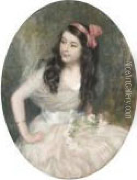 Femme A La Robe Blanche Et Au Noeud Rose Oil Painting - Pierre Carrier-Belleuse