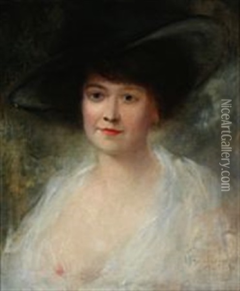 Portrait Of A Woman With A Hat Oil Painting - Leon Hornecker