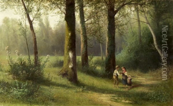 Kinder In Einer Bewaldeten Parklandschaft Oil Painting - Adolfo Besozzi