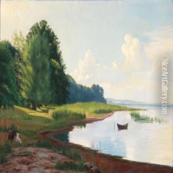 Summer Idyll At A Bay With Grazing Sheeps Oil Painting - Albert Rudinger