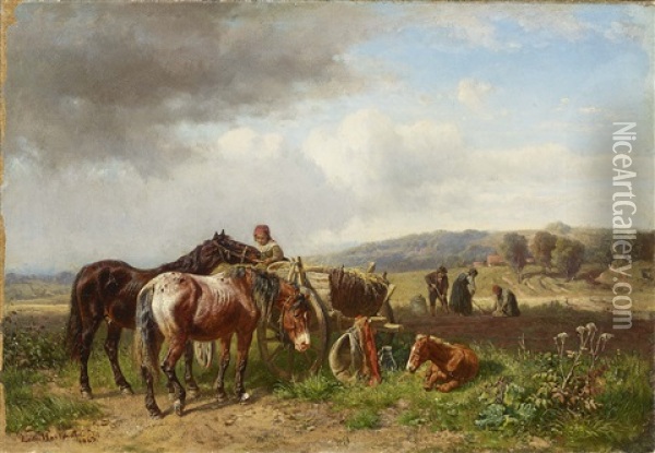 Farmers At Work Oil Painting - Ludwig Hartmann