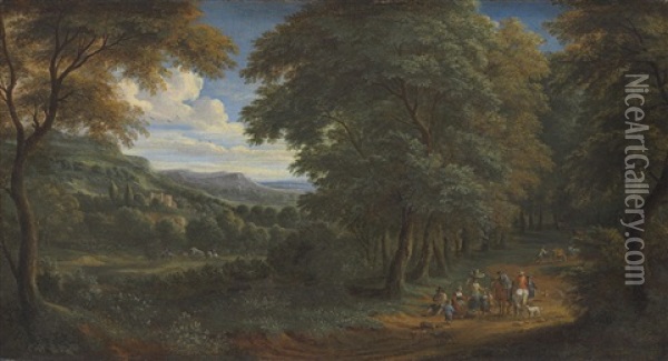 A Wooded Landscape With Horsemen Greeting Travelers On A Path Oil Painting - Adriaen Frans Boudewyns the Elder