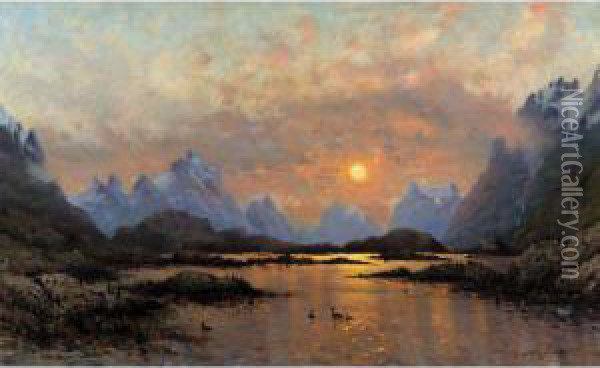 Solnedgang Over Et Fjellvann (sunset Over A Mountain Lake) Oil Painting - Frithjof Smith-Hald
