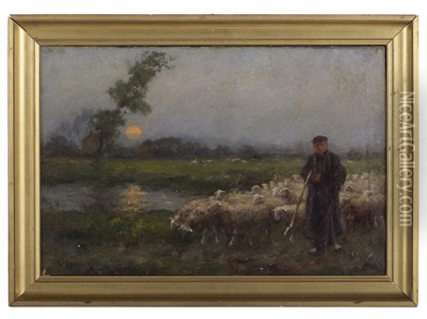 Sunset Landscape With A Shepherd And His Flock Oil Painting - Willem Steelink