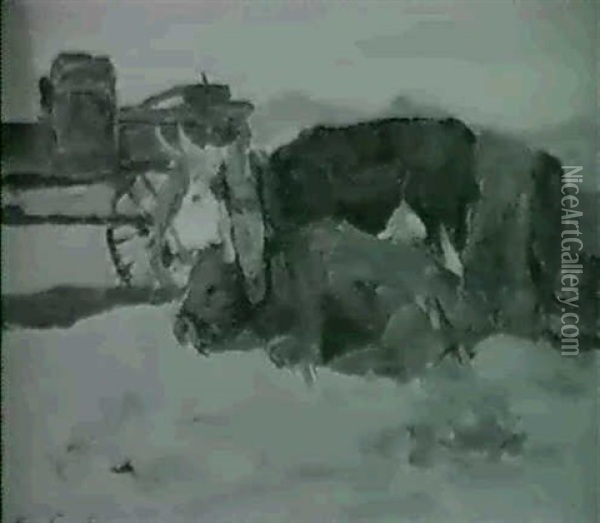Oxen & Wagon Oil Painting - Frank Tenney Johnson