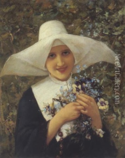 Junge Nonne Mit Feldblumen Oil Painting - Emile Eisman-Semenowsky