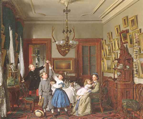 The Contest for the Bouquet: The Family of Robert Gordon in their New York Dining-Room Oil Painting - Seymour Joseph Guy