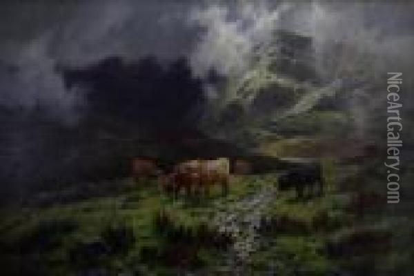 Highland Cattle In A Mountainous Landscape Oil Painting - Louis Bosworth Hurt