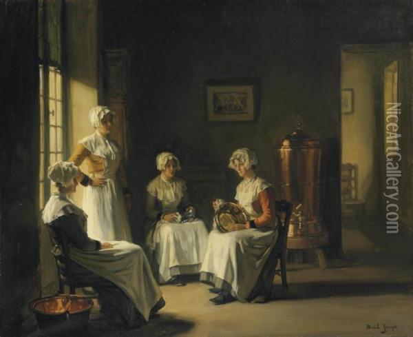 An Interior With Women Polishing Brass Oil Painting - Joseph Bail