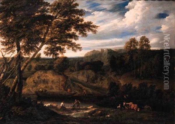 Fishermen On A River Bank With A
 Peasant Woman And Cattle In Ameadow, A Haybarge Near A Landing Stage, 
In An Italianatelandscape Oil Painting - Cornelis Huysmans