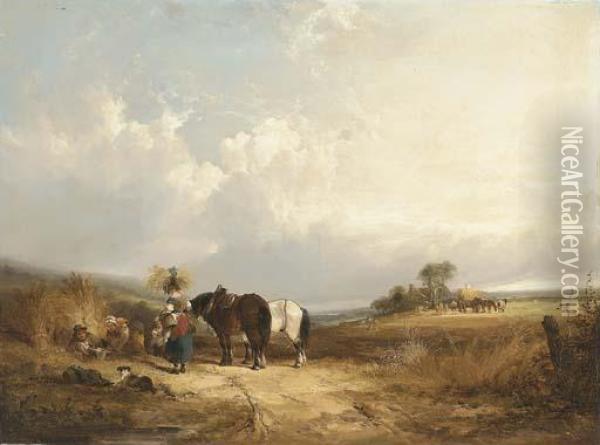A Summer Landscape With Harvesters Oil Painting - Snr William Shayer