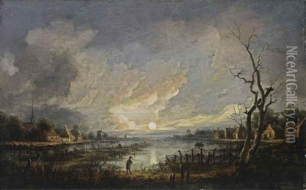 A Moonlit River Landscape With A
 Man Leaning On His Walking Stick And Fishermen In A Rowing Boat Near A 
Village Oil Painting - Aert van der Neer