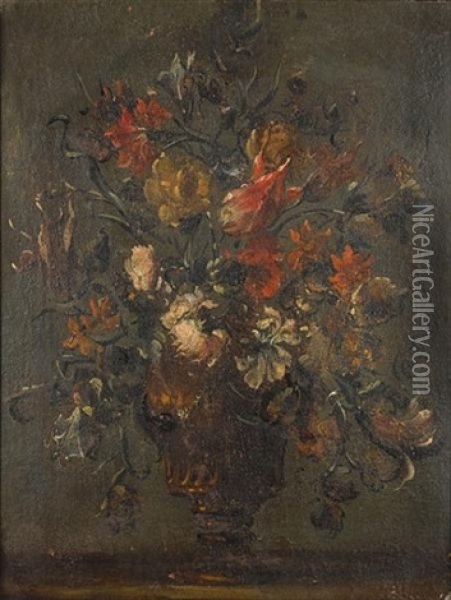 Tulips, Chrysanthemums, Roses And Convolvulus In A Bronze Urn (+ Roses, Tulips And Convolvulus In A Bronze Urn; Pair) Oil Painting -  Pseudo Guardi