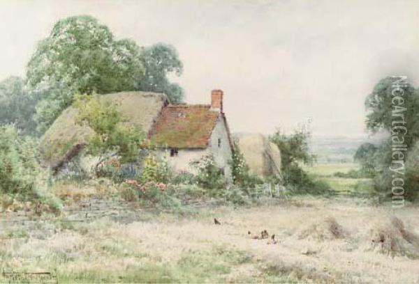 A Thatched Cottage With Chickens In A Rural Landscape Oil Painting - Henry John Sylvester Stannard