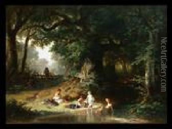 Kinder In Einer Waldlichtung Beim Baden Oil Painting - Carl Ebert