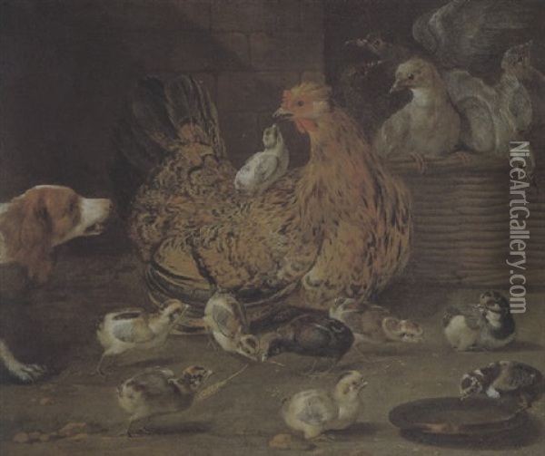 Eine Henne Mit Kuken Und Ein Hund In Einem Huhnerhof Oil Painting - Pieter Van Boucle
