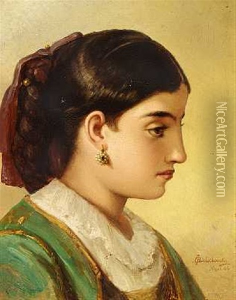 Italienerinde I Gron Kjole Og Med Perleprydet Orering Oil Painting - Karl August Bielchowski