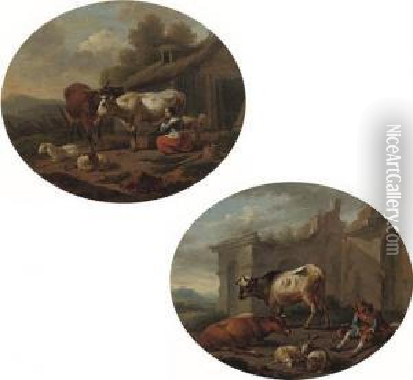 A Peasant Woman Milking A Cow; And A Herdsman With His Cattle Oil Painting - Abraham Jansz Begeyn