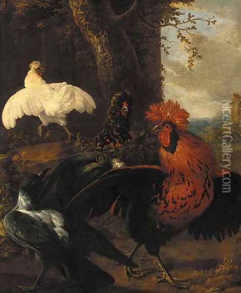A cockerel, a raven and chickens in a clearing Oil Painting - Melchior de Hondecoeter