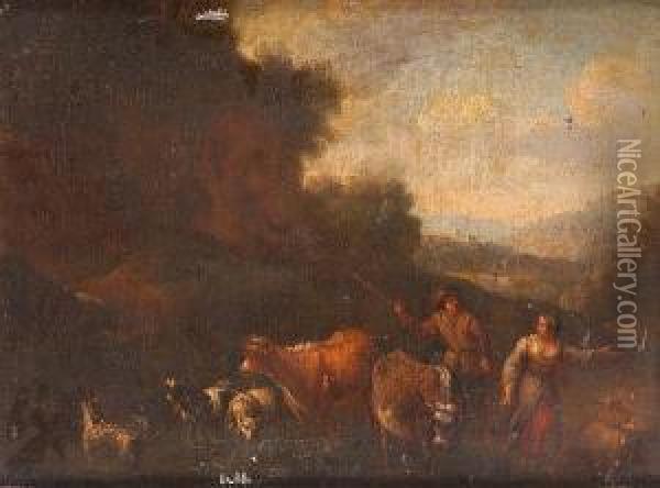 A Couple With Cattle And Goats In An Arcadian Landscape Oil Painting - Jan Frans Soolmaker