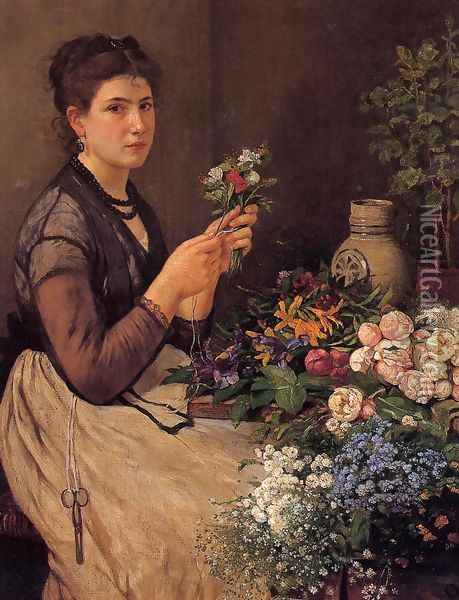 Girl Cutting Flowers Oil Painting - Otto Scholderer