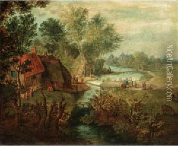 A Rural Landscape With Cottages By A Stream Oil Painting - Pieter Gysels