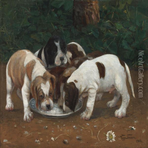 Puppies At The Foodplate Oil Painting - Viggo Rasmus Simesen