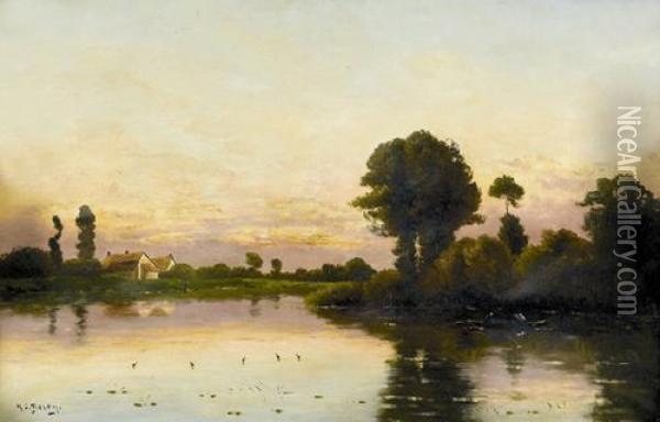Flusspartie Bei Untergehender Sonne. Oil Painting - Hippolyte Camille Delpy