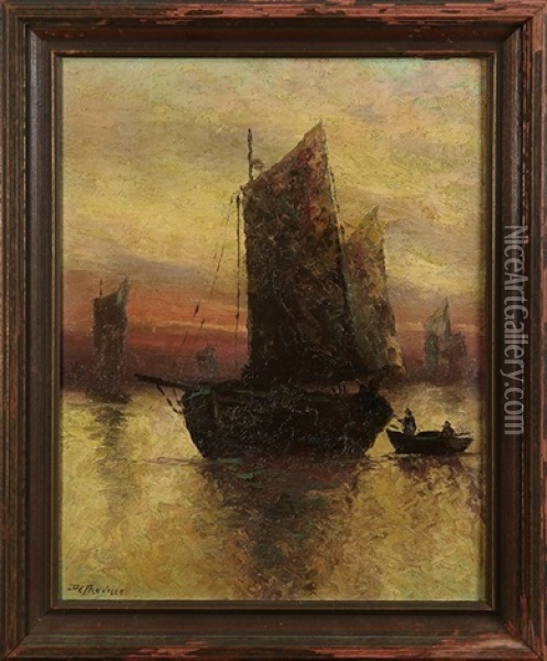 Ships In The Bay At Sunset Oil Painting - Richard Detreville