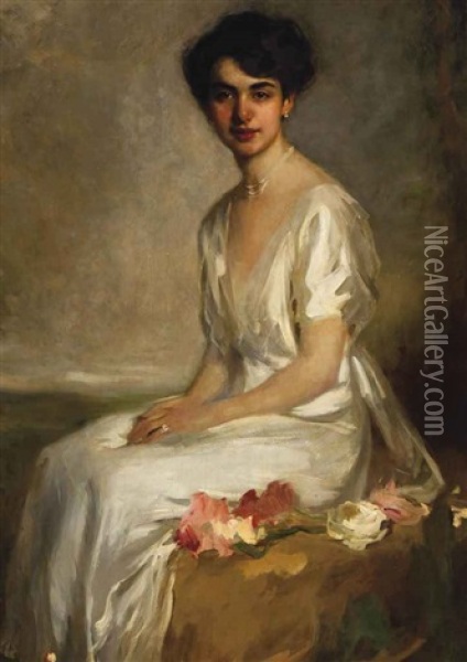 Portrait Of An Elegant Young Woman Dressed In White Oil Painting - Artur Lajos Halmi